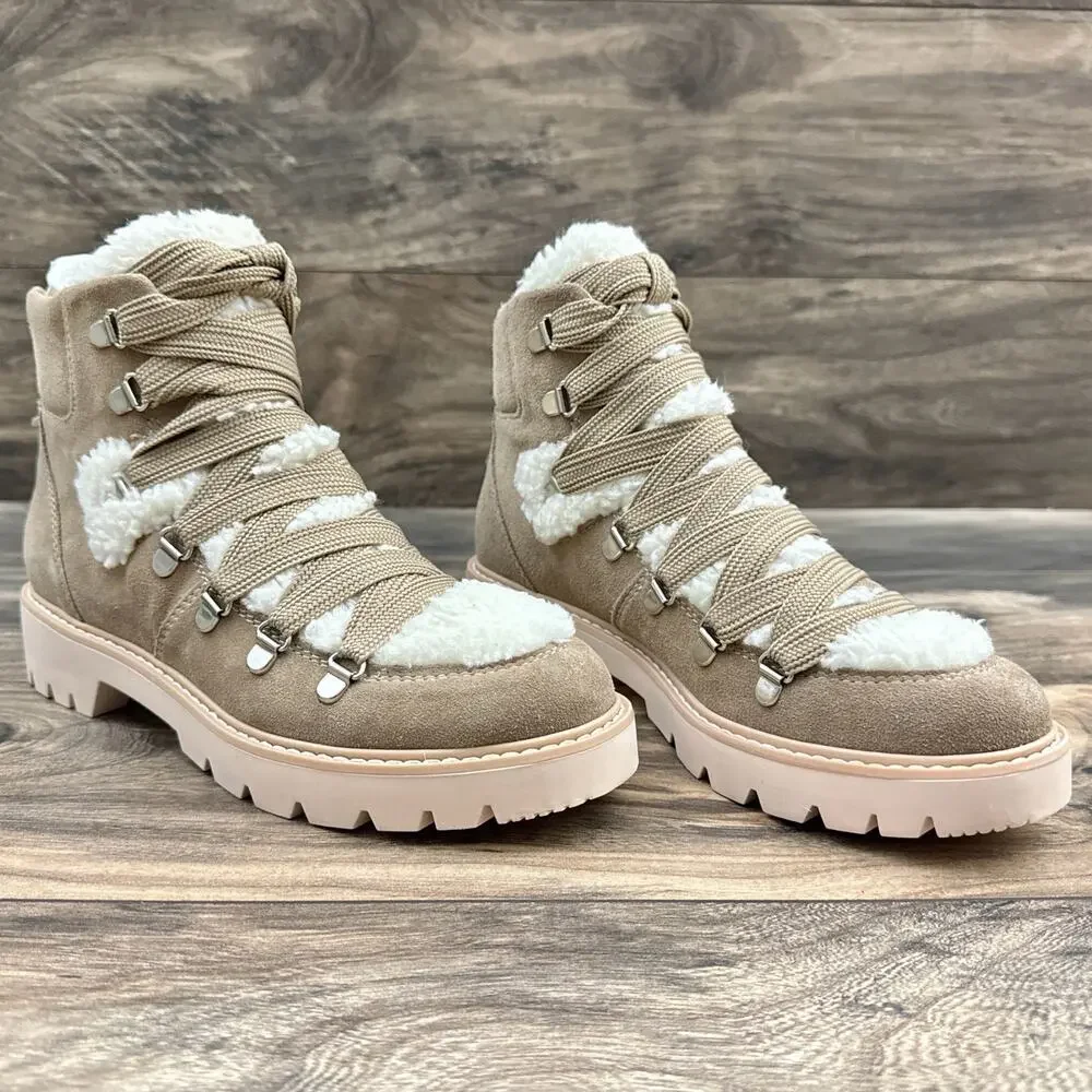NEW Dolce Vita Pace 8 Faux Shearling Trim Lug Sole Suede Hiker Ankle Boots